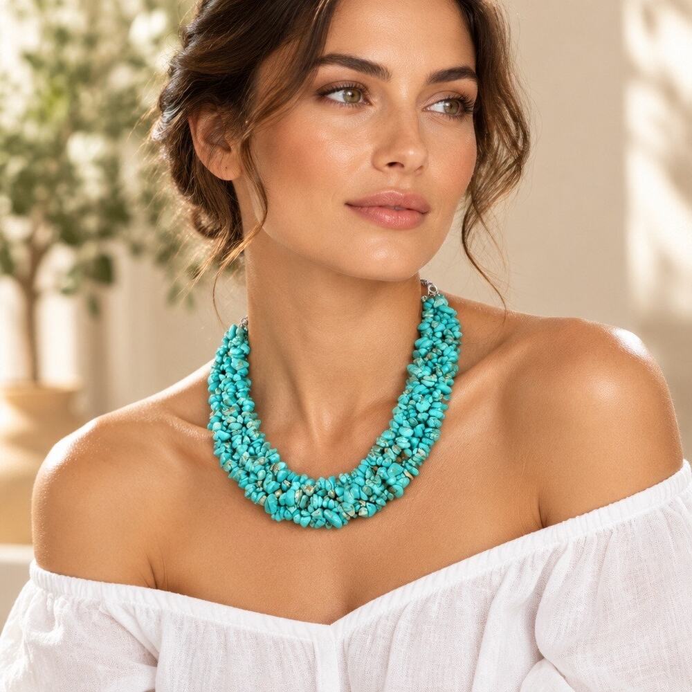 ✨ VINTAGE CHUNKY MULTI-STRAND TURQUOISE CHIP BIB STATEMENT NECKLACE ✨